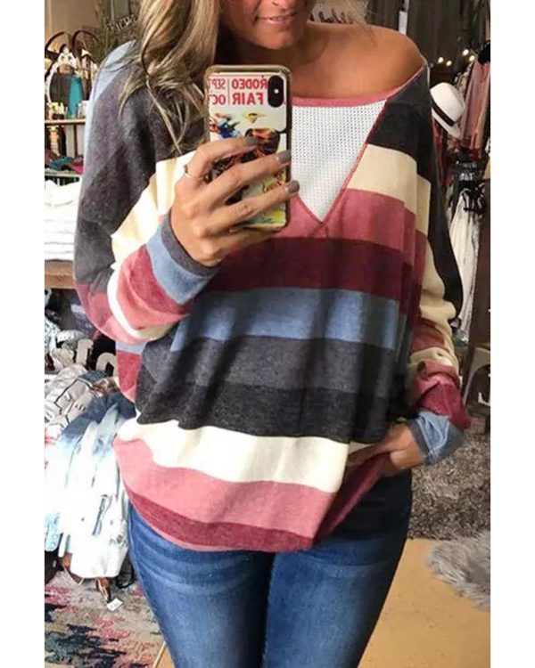 Azura Exchange Striped Mesh Splicing Round Neck Long Sleeve Top – L