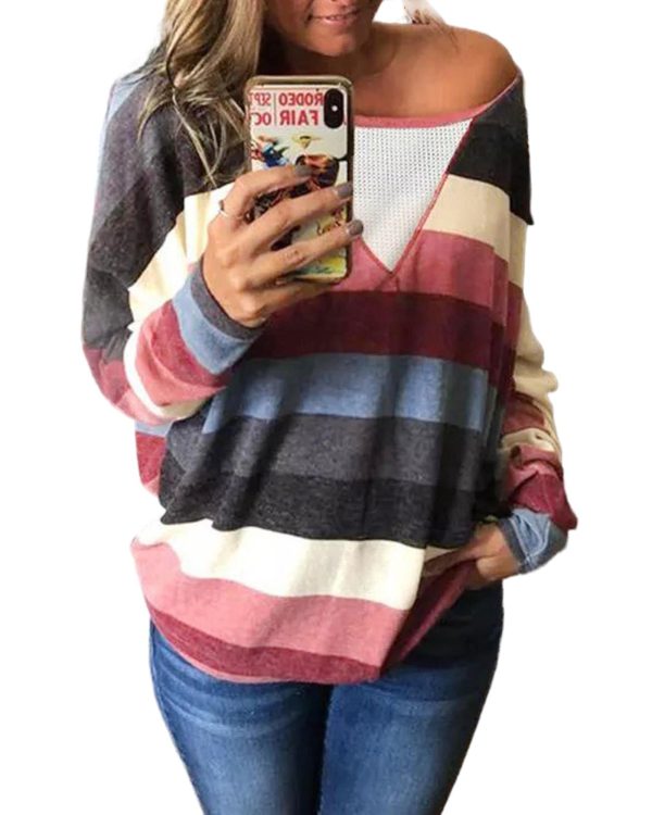 Azura Exchange Striped Mesh Splicing Round Neck Long Sleeve Top – L