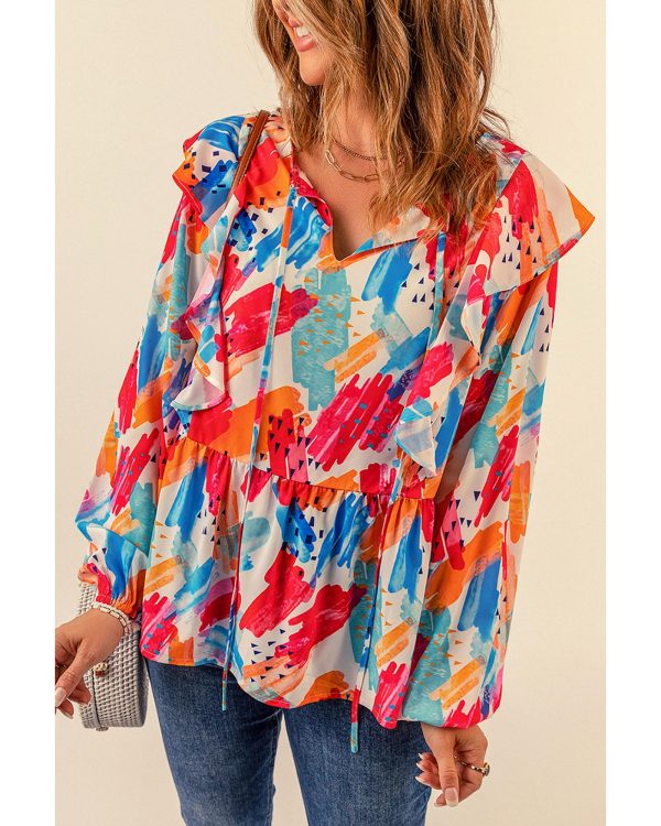 Azura Exchange Paint Print Ruffled Detail Loose Blouse – L