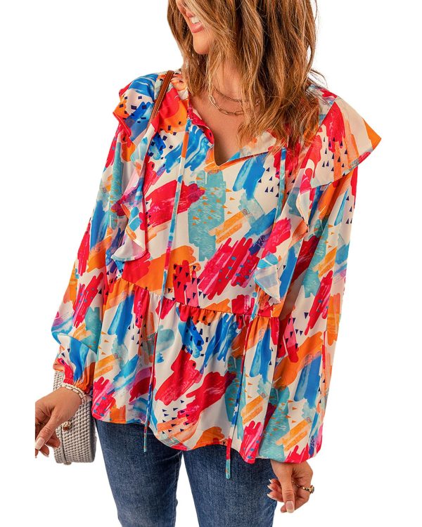 Azura Exchange Paint Print Ruffled Detail Loose Blouse – L