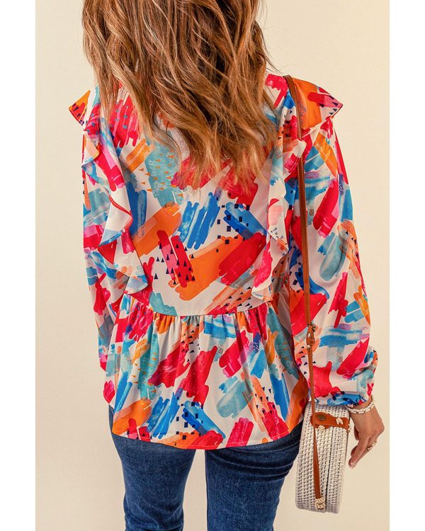 Azura Exchange Paint Print Ruffled Detail Loose Blouse – L