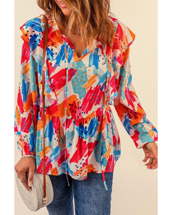 Azura Exchange Paint Print Ruffled Detail Loose Blouse – L