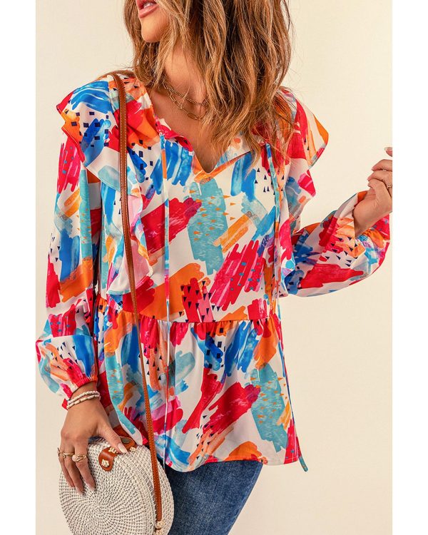 Azura Exchange Paint Print Ruffled Detail Loose Blouse – L