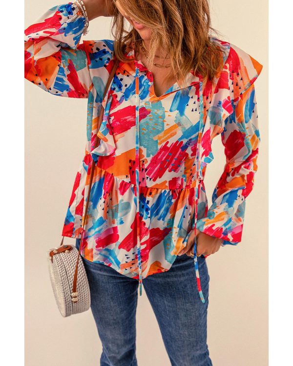 Azura Exchange Paint Print Ruffled Detail Loose Blouse – L