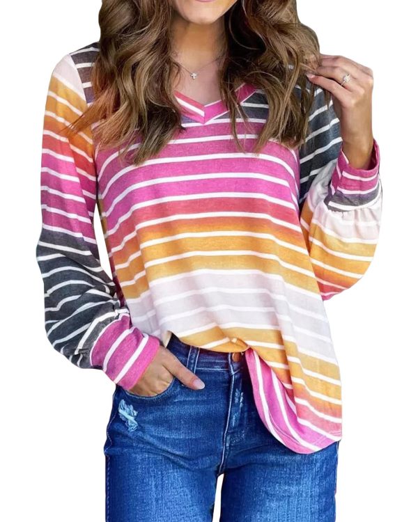 Azura Exchange Gradient Striped Long Sleeve V-Neck Blouse – L