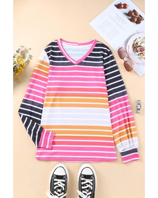 Azura Exchange Gradient Striped Long Sleeve V-Neck Blouse – L