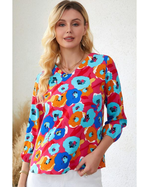 Azura Exchange V Neck 3/4 Sleeve Floral Print Blouse – L