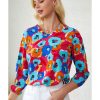 Azura Exchange V Neck 3/4 Sleeve Floral Print Blouse – L