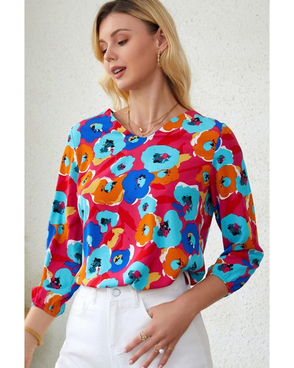 Azura Exchange V Neck 3/4 Sleeve Floral Print Blouse – L