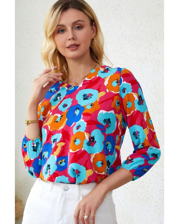 Azura Exchange V Neck 3/4 Sleeve Floral Print Blouse – L