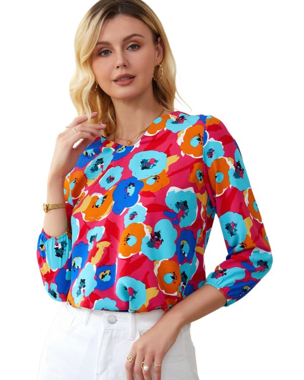 Azura Exchange V Neck 3/4 Sleeve Floral Print Blouse – L