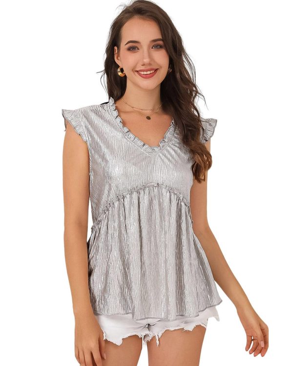 Azura Exchange Frilled V Neck Metallic Crinkle Blouse – L