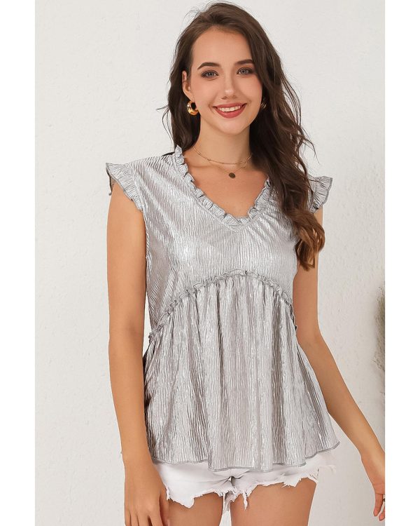 Azura Exchange Frilled V Neck Metallic Crinkle Blouse – L