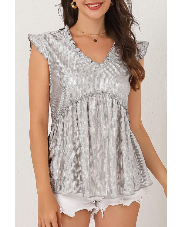 Azura Exchange Frilled V Neck Metallic Crinkle Blouse – L