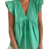 Azura Exchange Eyelet V Neckline Ruffle Swiss Dot Top – L