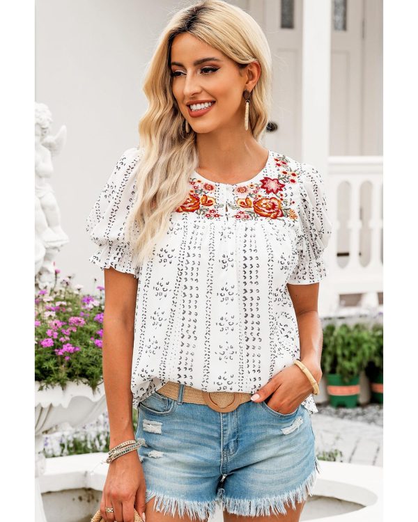 Azura Exchange Embroidered Ethnic Printed Crinkle Blouse – L