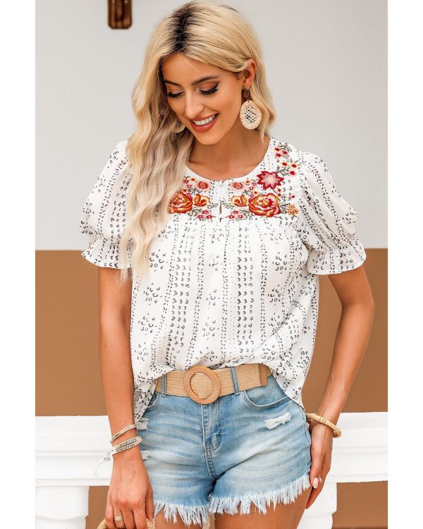 Azura Exchange Embroidered Ethnic Printed Crinkle Blouse – L