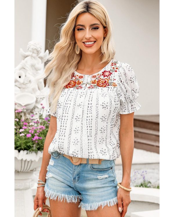 Azura Exchange Embroidered Ethnic Printed Crinkle Blouse – L