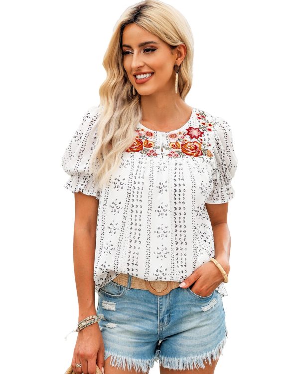 Azura Exchange Embroidered Ethnic Printed Crinkle Blouse – L