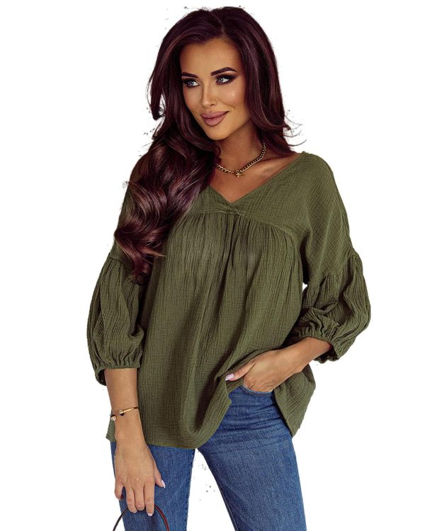 Azura Exchange Textured V Neck Bracelet Sleeve Babydoll Blouse – L