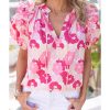 Azura Exchange Ruffled Floral Top with Split Neck and Puff Sleeves – L