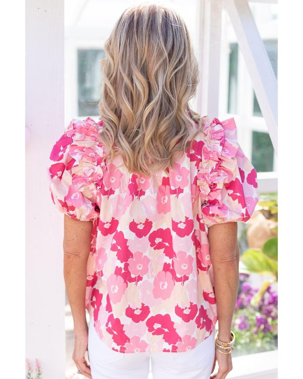 Azura Exchange Ruffled Floral Top with Split Neck and Puff Sleeves – L