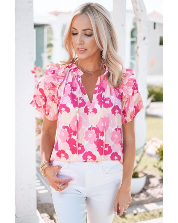 Azura Exchange Ruffled Floral Top with Split Neck and Puff Sleeves – L