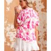 Azura Exchange Ruffled Floral Top with Split Neck and Puff Sleeves – L