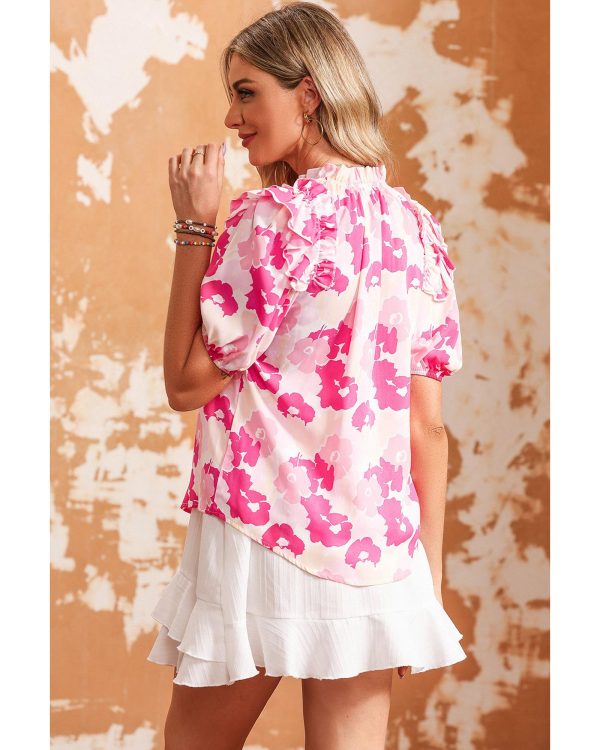 Azura Exchange Ruffled Floral Top with Split Neck and Puff Sleeves – L