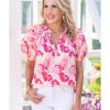 Azura Exchange Ruffled Floral Top with Split Neck and Puff Sleeves – L