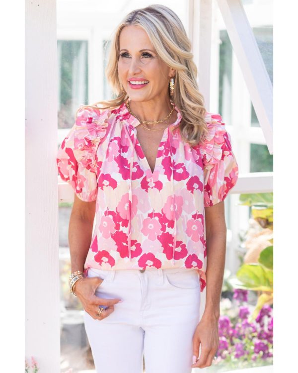 Azura Exchange Ruffled Floral Top with Split Neck and Puff Sleeves – L