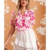 Azura Exchange Ruffled Floral Top with Split Neck and Puff Sleeves – L