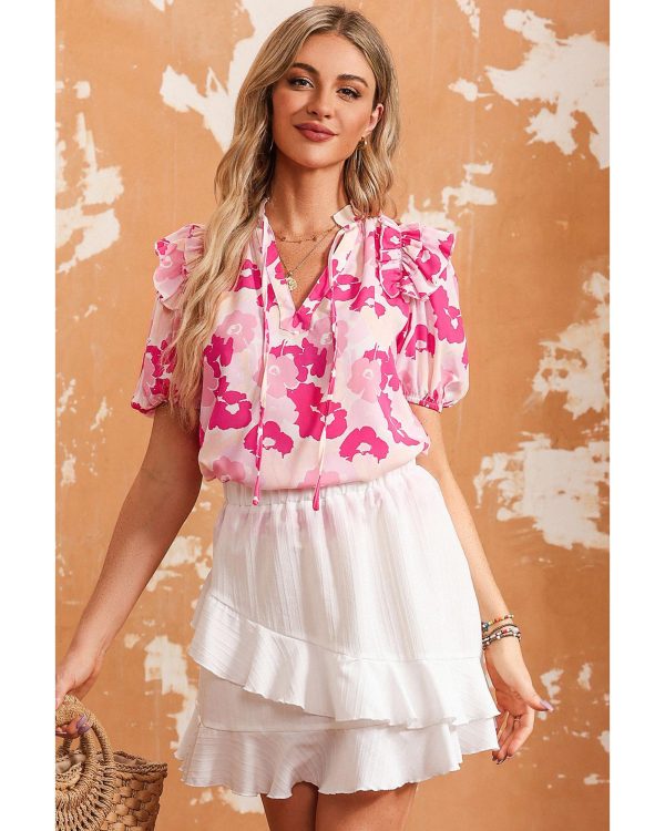 Azura Exchange Ruffled Floral Top with Split Neck and Puff Sleeves – L