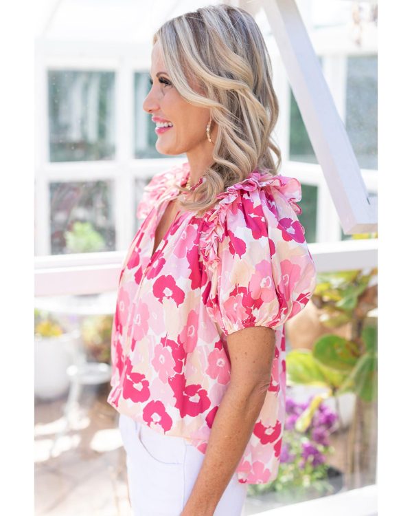 Azura Exchange Ruffled Floral Top with Split Neck and Puff Sleeves – L