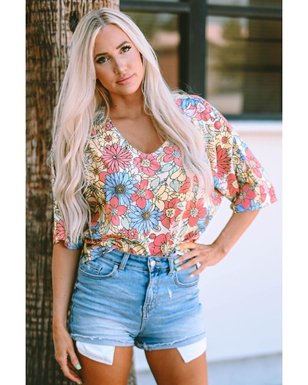 Azura Exchange Floral Print V Neck Half Sleeve Blouse – M