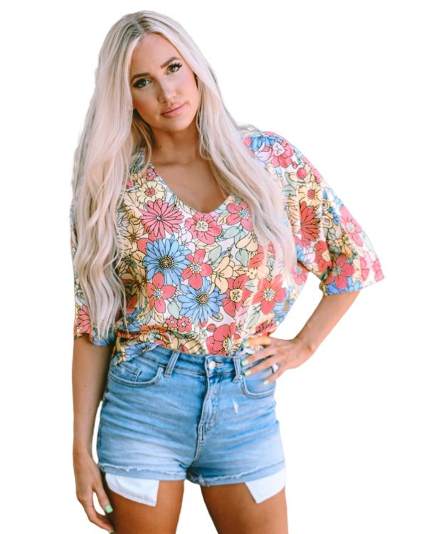 Azura Exchange Floral Print V Neck Half Sleeve Blouse – M