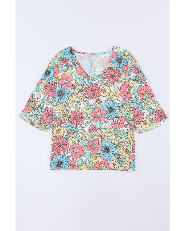 Azura Exchange Floral Print V Neck Half Sleeve Blouse – M