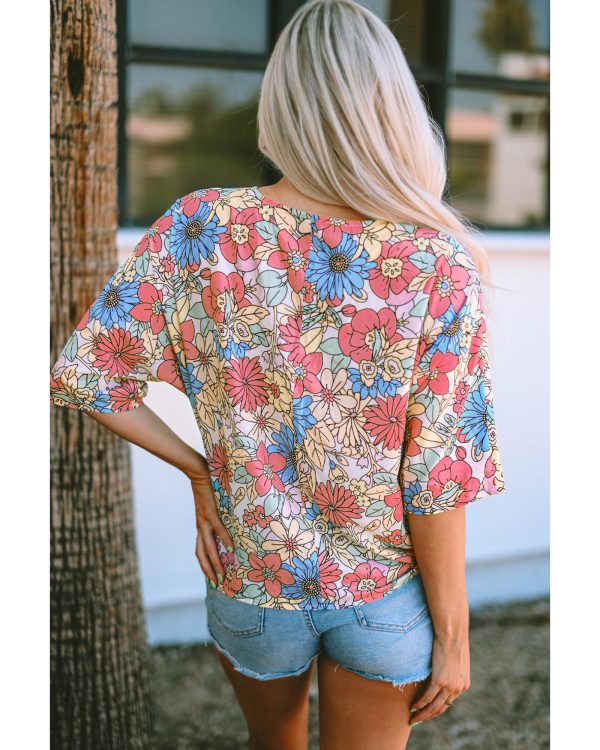 Azura Exchange Floral Print V Neck Half Sleeve Blouse – M