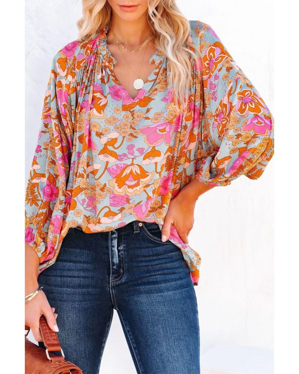 Azura Exchange Floral Print Loose Fit V Neck Blouse – L