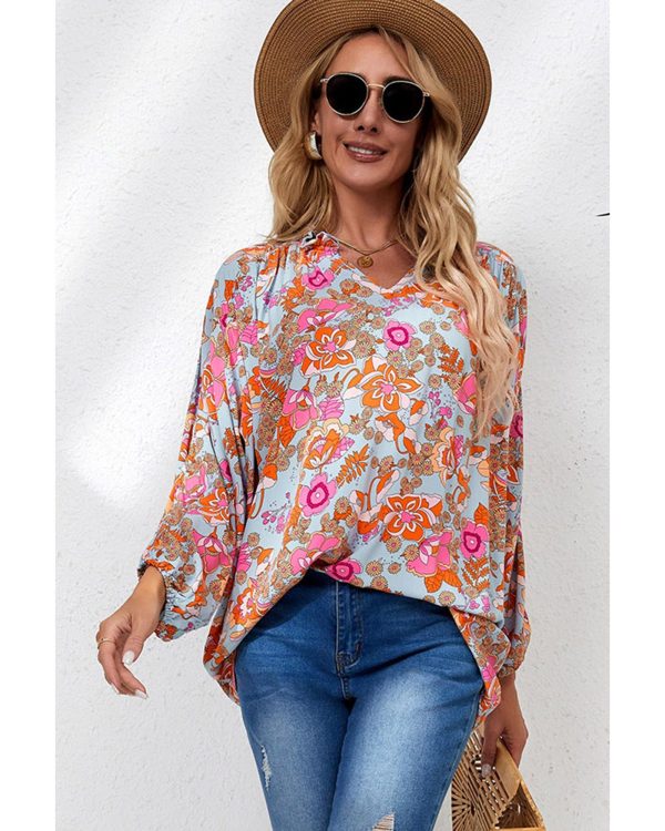 Azura Exchange Floral Print Loose Fit V Neck Blouse – L