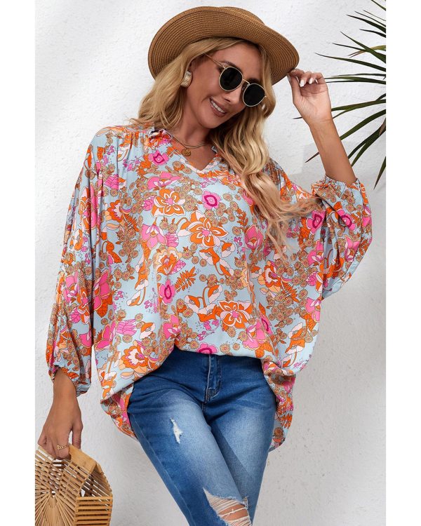 Azura Exchange Floral Print Loose Fit V Neck Blouse – L