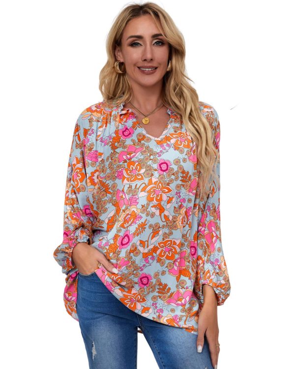 Azura Exchange Floral Print Loose Fit V Neck Blouse – L