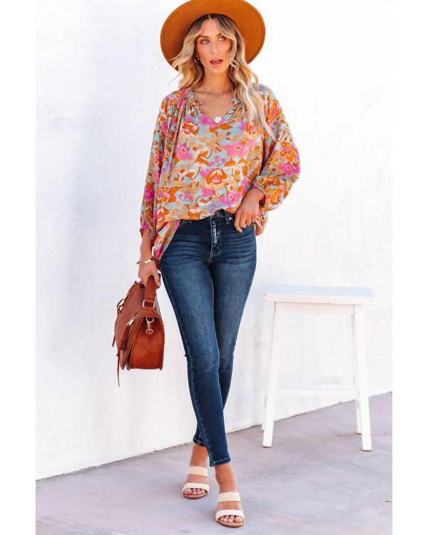 Azura Exchange Floral Print Loose Fit V Neck Blouse – L