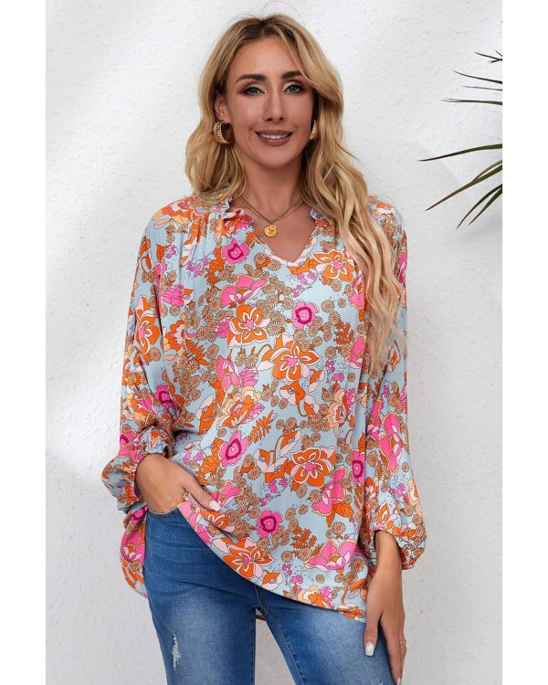 Azura Exchange Floral Print Loose Fit V Neck Blouse – L