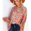 Azura Exchange Floral Print Loose Fit V Neck Blouse – L