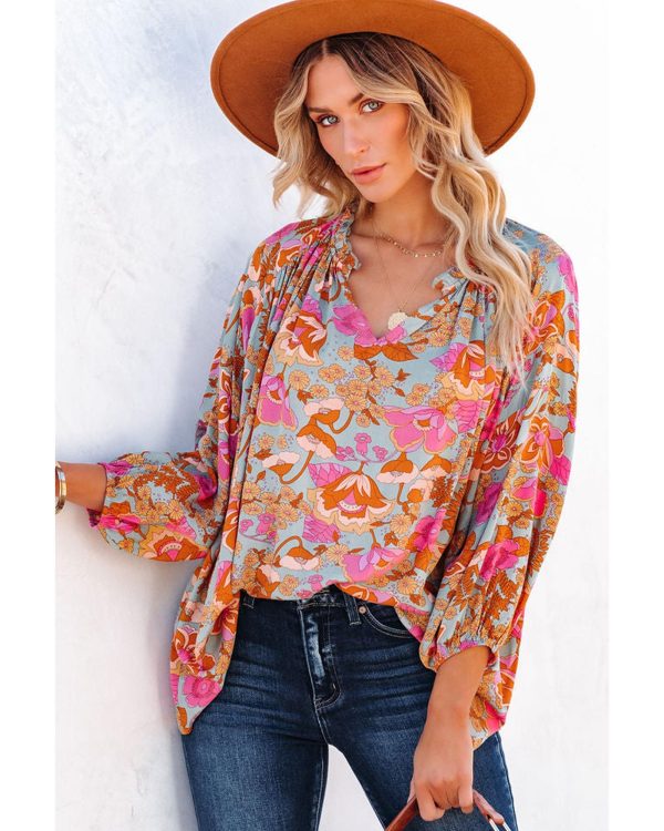 Azura Exchange Floral Print Loose Fit V Neck Blouse – L