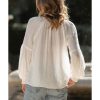 Azura Exchange Split Neck Bishop Sleeve Blouse with Smocked Cuffs – L