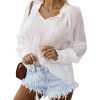 Azura Exchange Split Neck Bishop Sleeve Blouse with Smocked Cuffs – L