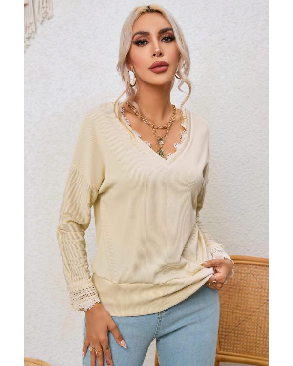 Azura Exchange Lace Trim V Neck Long Sleeve Top – 2XL