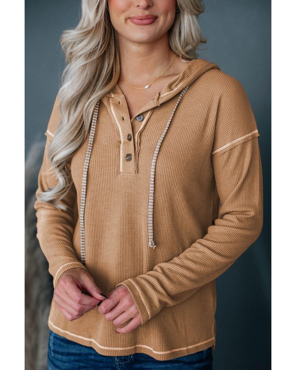 Azura Exchange Khaki Waffle Knit Henley Hooded Top – L